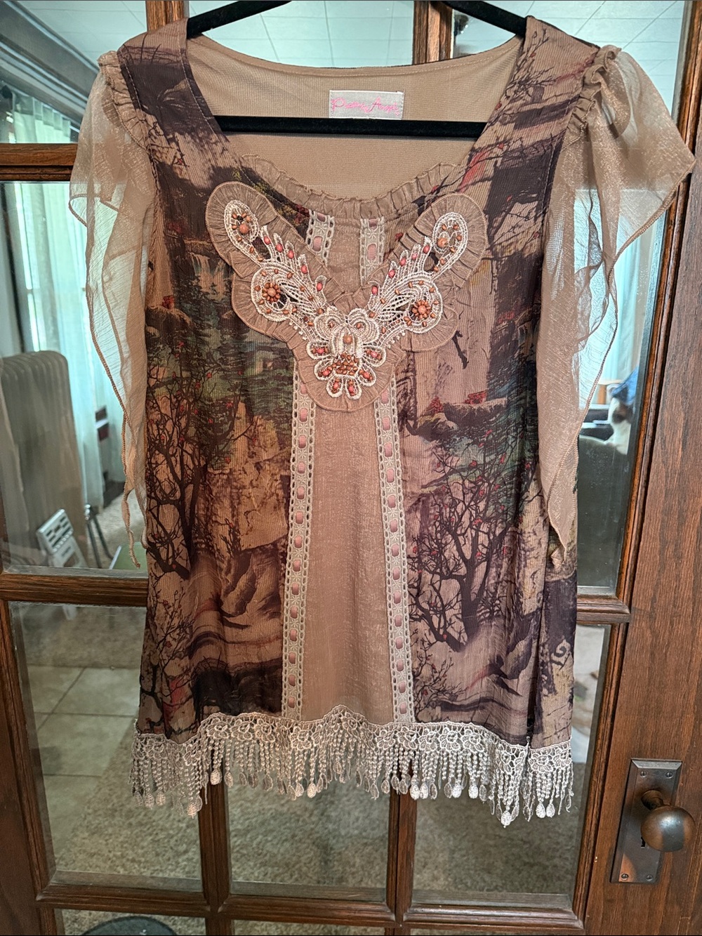 Pretty Angel Women Large Boho Scenic Print Lace Embroidered Beaded Fringe Top